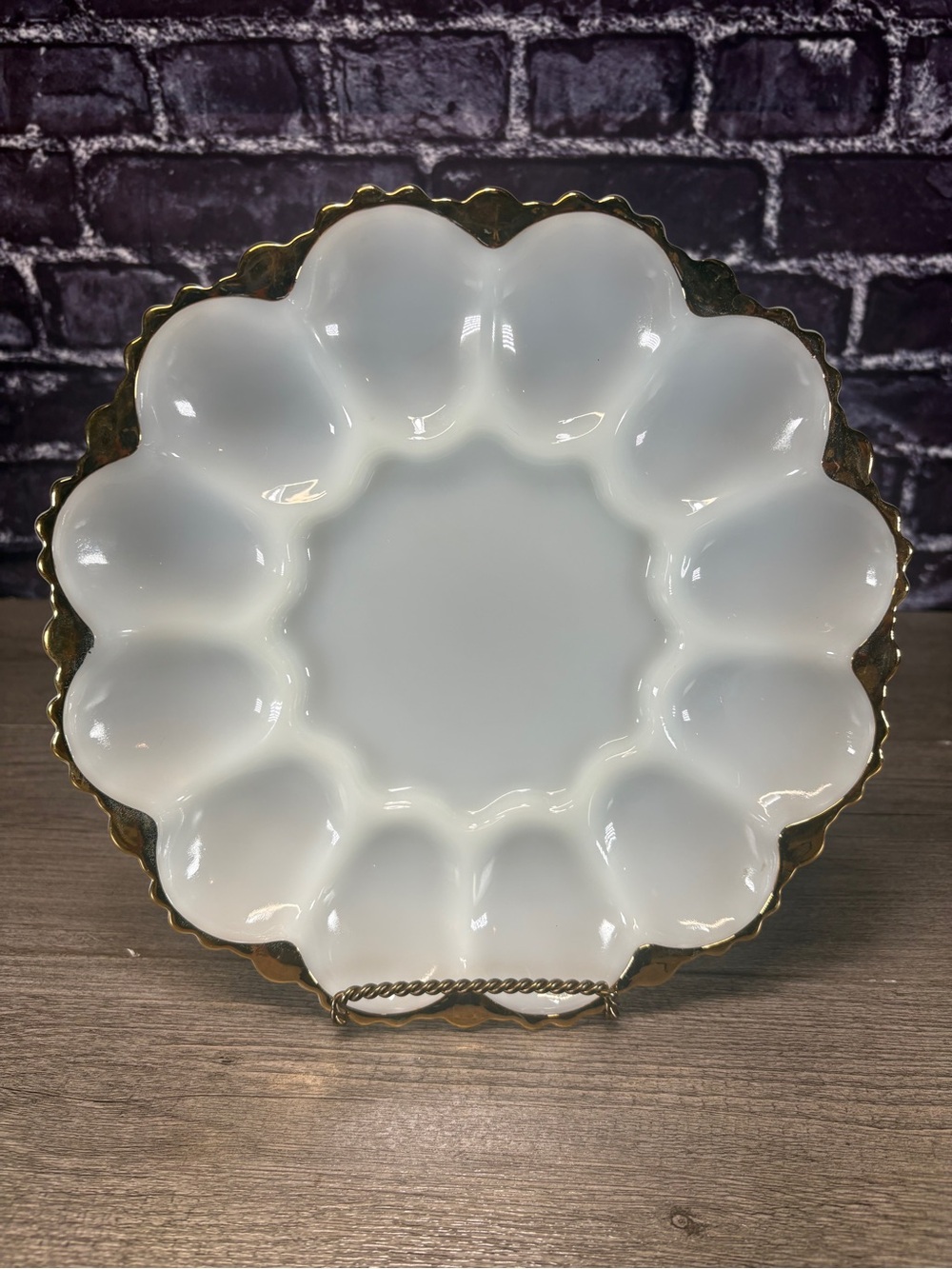Vintage Anchor Hocking Milk Glass Deviled Egg Oyster Plate Gold Trim Scalloped